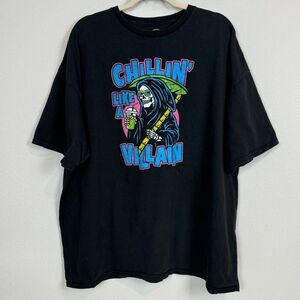 DOM Chillin' Like A Villain Grim Reaper Neon Graphic Black Tee Halloween 3XL